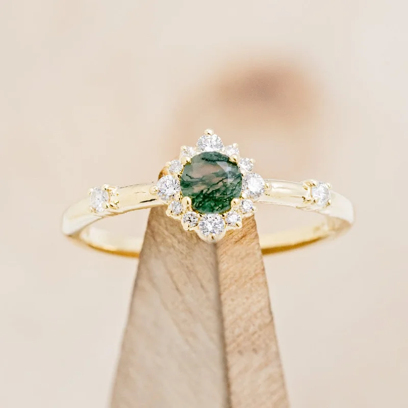 Men's Emerald Engagement Rings with 14K Yellow Gold and Vintage - Style Filigree"STARLA" - ROUND CUT MOSS AGATE ENGAGEMENT RING WITH A STARBURST DIAMOND HALO
