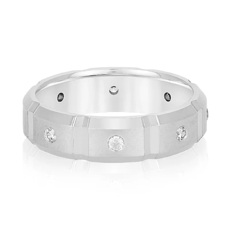 Men's cross - shaped rings for a religious statementMen's Squared Accented Diamond Wedding Band With Beveled Edges