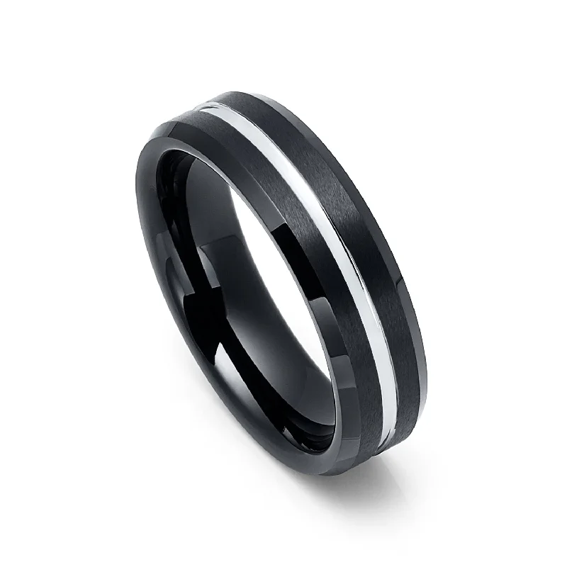 Minimalist Women's Rings with a Single Pearl in 14K Gold - Plated Bands6mm - Black Tungsten Wedding Band Brush Finish Silver Center Groove Minimalist Women's Rings with a Single Pearl in 14K Gold - Plated Bands6mm - Black Tungsten Wedding Band Brush Finish Silver Center Groove