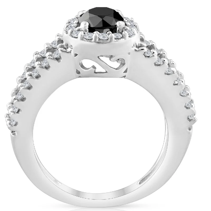Halo - Style Women's Diamond Rings with a Center Diamond Surrounded by Smaller Diamonds in 18K Gold3/4ct Halo Split Shank Black & White Diamond Ring White Gold