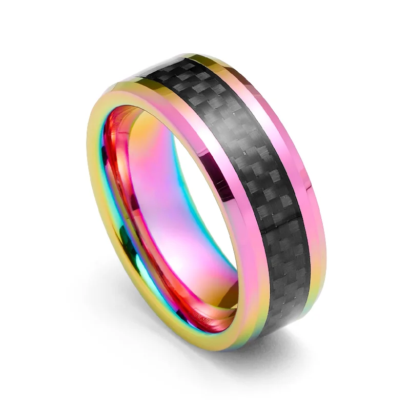 Diamond - Encrusted Women's Rings for Special Occasions in 18K Gold8mm- Tungsten Carbide Ring Metallic Rainbow Finish w/ Black Carbon Fiber Inlay Diamond - Encrusted Women's Rings for Special Occasions in 18K Gold8mm- Tungsten Carbide Ring Metallic Rainbow Finish w/ Black Carbon Fiber Inlay