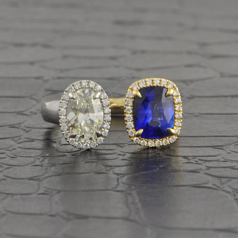 Cushion - cut diamond engagement ring with a halo of moissanite in a silver - plated bandOval Cut Diamond and Blue Sapphire Ring in Two Tone 14k Gold Cushion - cut diamond engagement ring with a halo of moissanite in a silver - plated bandOval Cut Diamond and Blue Sapphire Ring in Two Tone 14k Gold