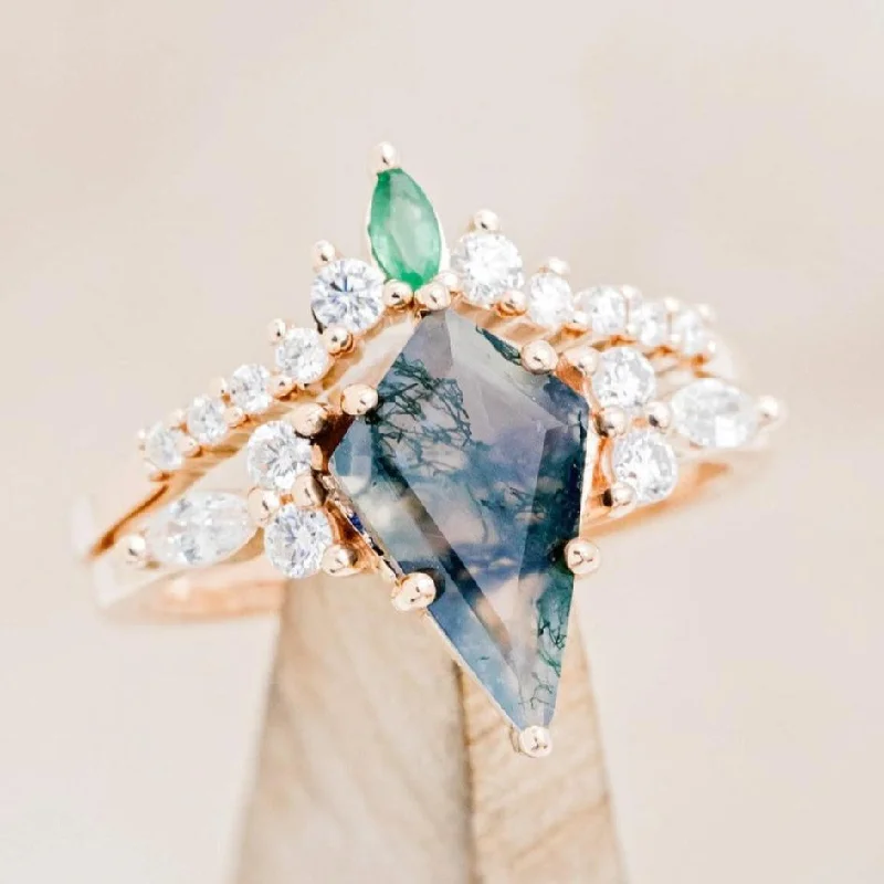 Men's Tourmaline Engagement Rings in 18K Two - Tone Gold with a Floral - Inspired Setting"SAGE" - KITE CUT MOSS AGATE ENGAGEMENT RING WITH DIAMOND ACCENTS & A GENUINE EMERALD TRACER Men's Tourmaline Engagement Rings in 18K Two - Tone Gold with a Floral - Inspired Setting"SAGE" - KITE CUT MOSS AGATE ENGAGEMENT RING WITH DIAMOND ACCENTS & A GENUINE EMERALD TRACER
