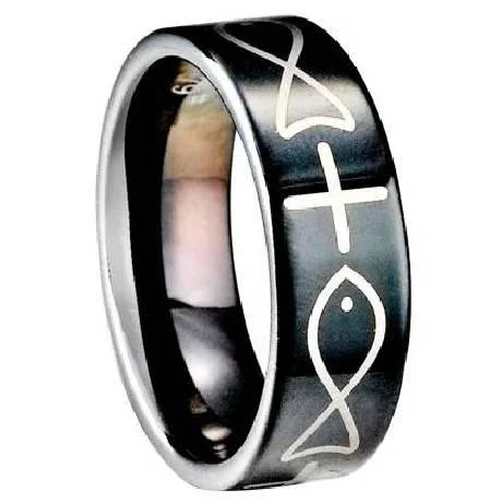 Men's adjustable - size rings for a perfect fitCross and Fish Tungsten Ring -8mm
