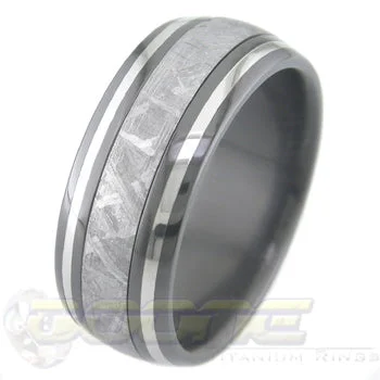 Titanium Rings with a QR - Code Engraving for Personalized InformationBlack Zirconium Meteorite with Twin Platinum Titanium Rings with a QR - Code Engraving for Personalized InformationBlack Zirconium Meteorite with Twin Platinum