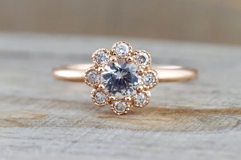 Men's laser - engraved rings with custom messages14k Rose Gold Round White Sapphire Diamond Halo Engagement Ring Band Floral Flower Men's laser - engraved rings with custom messages14k Rose Gold Round White Sapphire Diamond Halo Engagement Ring Band Floral Flower