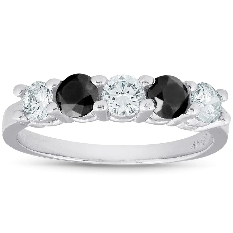 Three - Stone Women's Diamond Rings Symbolizing Past, Present, and Future with Emerald - Cut Diamonds1 CT Treated Black & White Five Stone Diamond Ring 14K White Gold Three - Stone Women's Diamond Rings Symbolizing Past, Present, and Future with Emerald - Cut Diamonds1 CT Treated Black & White Five Stone Diamond Ring 14K White Gold