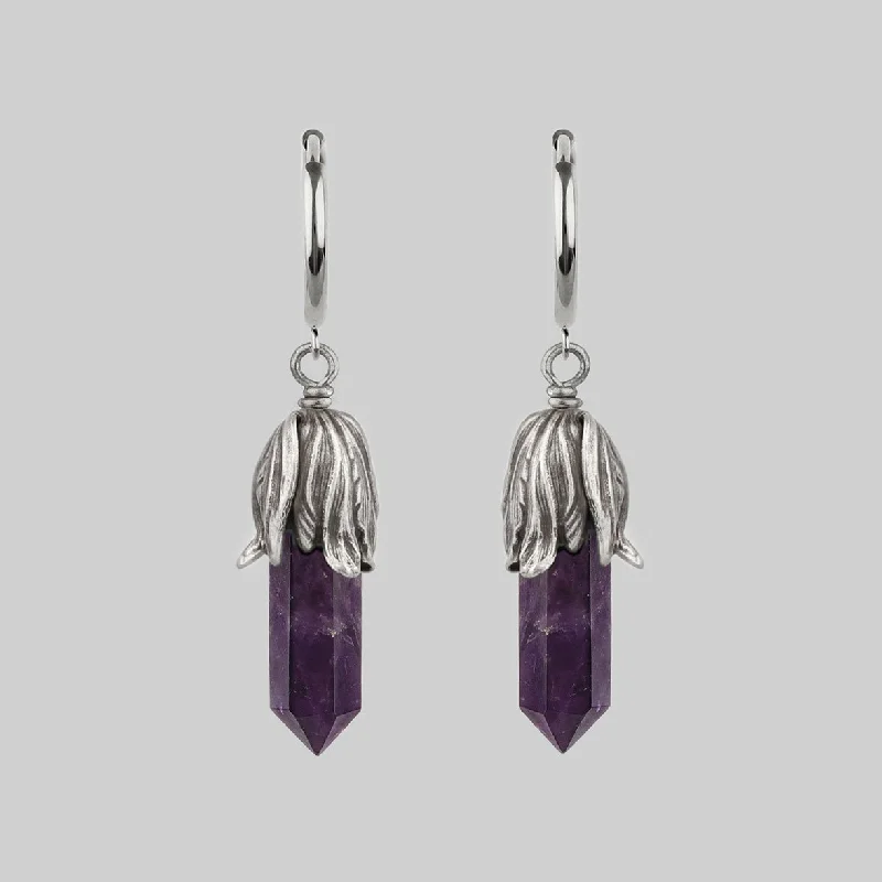 Vintage hoop earringsDEATH BLOOM. Amethyst Gemstone Hoop Earrings - Silver
