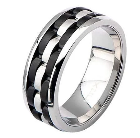 Men's classic silver wedding rings with simple bandsMen's Stainless Steel and IP Black Watch Link Ring - 8mm Men's classic silver wedding rings with simple bandsMen's Stainless Steel and IP Black Watch Link Ring - 8mm