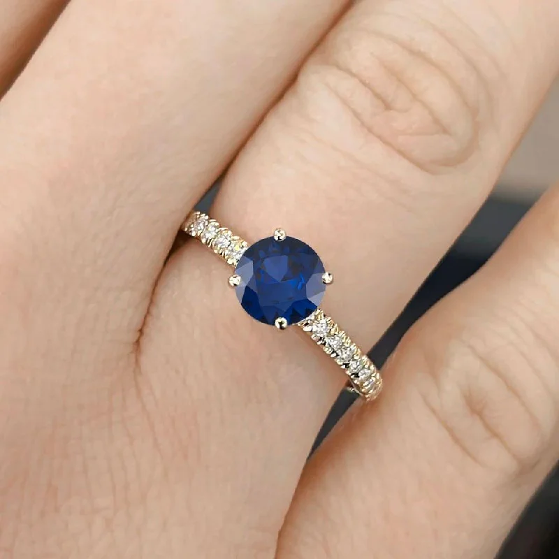 Men's Sapphire Engagement Rings in 18K White Gold with Pave Diamond Accents1.50 Carat Round Shape Pave Setting Blue Sapphire Engagement Ring Men's Sapphire Engagement Rings in 18K White Gold with Pave Diamond Accents1.50 Carat Round Shape Pave Setting Blue Sapphire Engagement Ring