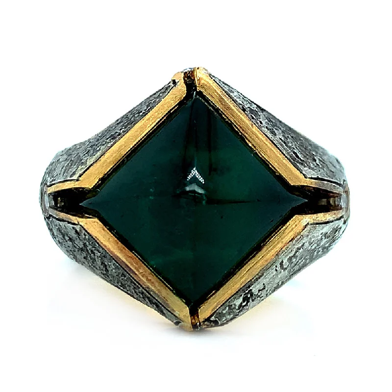 Pear - Shaped Women's Diamond Rings in Yellow Gold with a Single - Diamond Pendant LookGreen Tourmaline Sugarloaf & Diamond Domed Ring - "Glade"