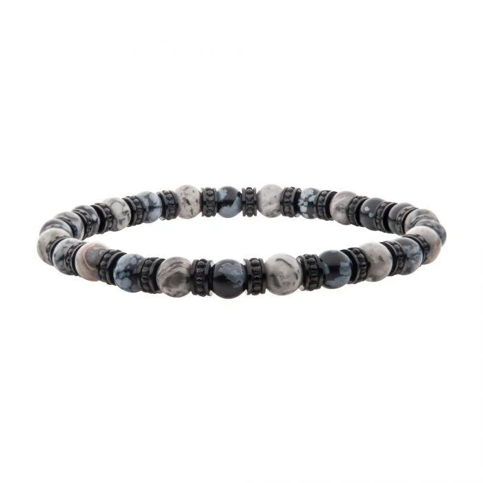 Men's shock - resistant rings for durabilityBlack Steel Disks Alternating with Genuine Grey Jasper & Snowflake Obsidian Stone Beads Men's shock - resistant rings for durabilityBlack Steel Disks Alternating with Genuine Grey Jasper & Snowflake Obsidian Stone Beads
