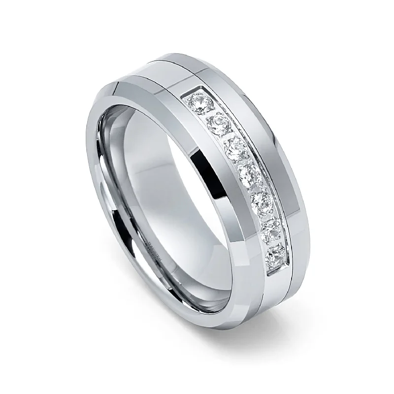 Interlocking Band Women's Rings in White Gold for a Modern Design8mm - Silver Tungsten Wedding Band W/ 7 CZ Diamond Inlay High Polish Interlocking Band Women's Rings in White Gold for a Modern Design8mm - Silver Tungsten Wedding Band W/ 7 CZ Diamond Inlay High Polish