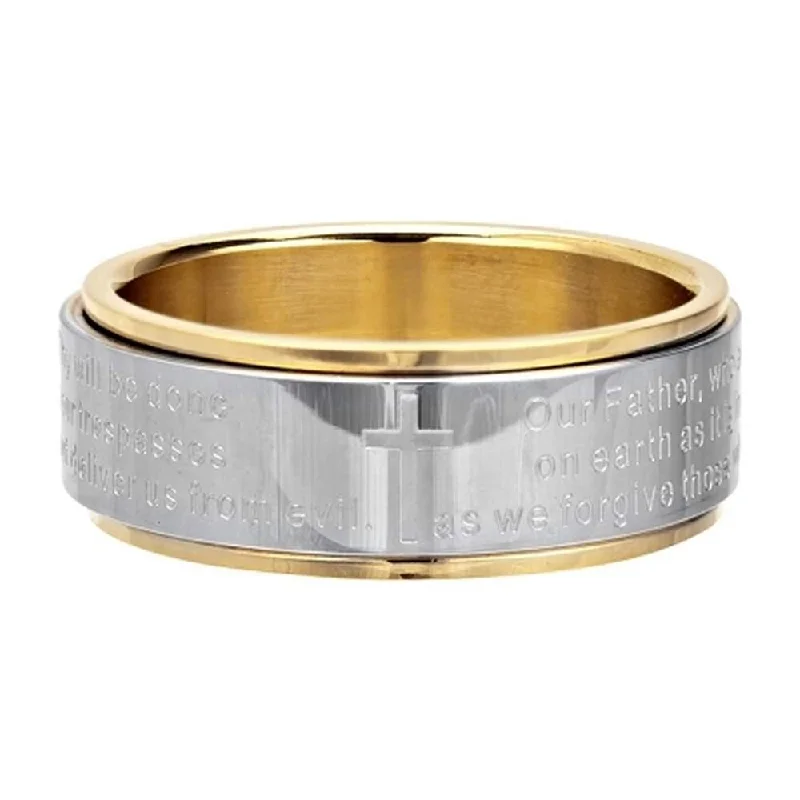 Men's high - quality handmade rings for artisanal appealPolished Stainless Steel and Gold PVD Plated Spinner Ring with Lord's Prayer | 8mm Men's high - quality handmade rings for artisanal appealPolished Stainless Steel and Gold PVD Plated Spinner Ring with Lord's Prayer | 8mm