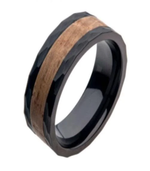 Men's black ceramic rings for a modern and edgy lookStainless Steel Black Band with Whiskey Barrel Wooden Inlay-8mm Men's black ceramic rings for a modern and edgy lookStainless Steel Black Band with Whiskey Barrel Wooden Inlay-8mm