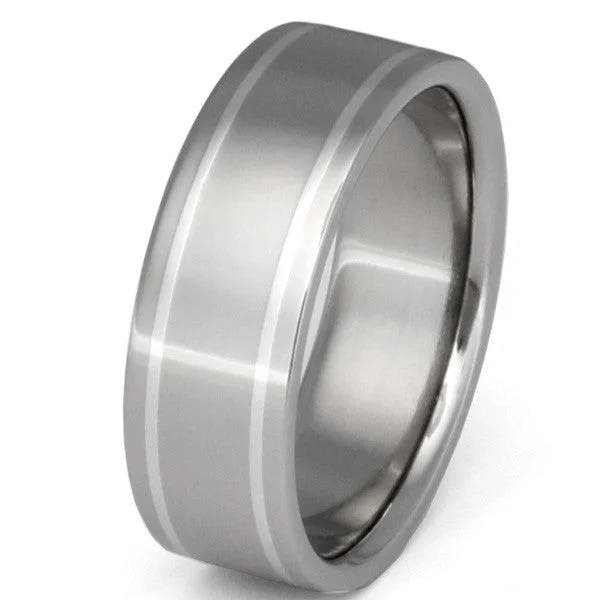 Brushed Titanium Rings with a Rustic and Textured AppealTitanium Wedding Ring with Platinum Inlays p8 Brushed Titanium Rings with a Rustic and Textured AppealTitanium Wedding Ring with Platinum Inlays p8