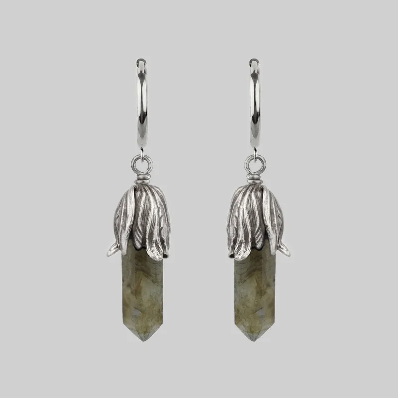 Everyday hoop earringsDEATH BLOOM. Labradorite Gemstone Hoop Earrings - Silver