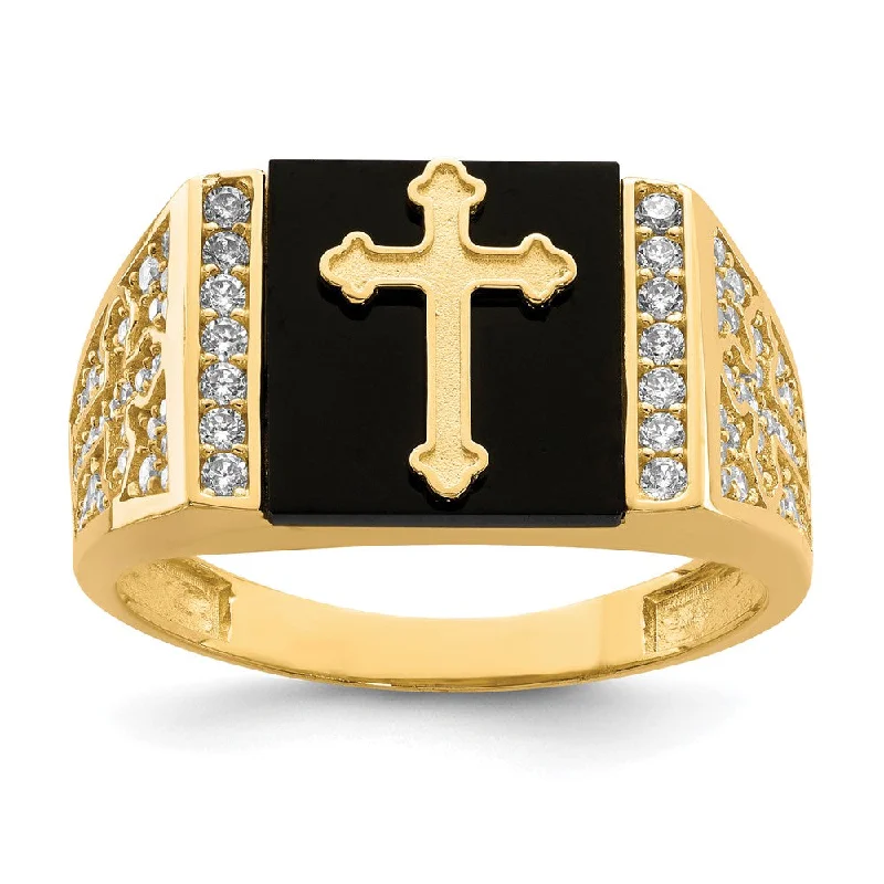 Men's budget - friendly rings for cost - conscious shoppers10k Yellow Gold CZ and Onyx Cross Men'S Ring