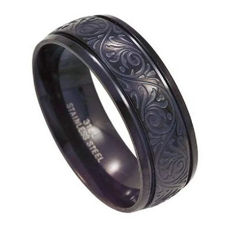 Men's spinning rings for fidget - friendly usePolished Black Stainless Steel Ring for Men with Lasered Design | 8mm Men's spinning rings for fidget - friendly usePolished Black Stainless Steel Ring for Men with Lasered Design | 8mm