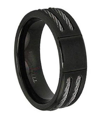 Men's glow - in - the - dark rings for a fun effectBlack Titanium Two Cable Ring - 7mm Men's glow - in - the - dark rings for a fun effectBlack Titanium Two Cable Ring - 7mm