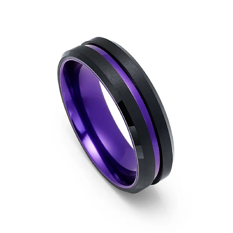 Enamel - Coated Women's Rings in Bright, Bold Colors6mm - Black & Purple Tungsten Ring Matte Finish Beveled Edges Wedding Band Purple Inlay Enamel - Coated Women's Rings in Bright, Bold Colors6mm - Black & Purple Tungsten Ring Matte Finish Beveled Edges Wedding Band Purple Inlay
