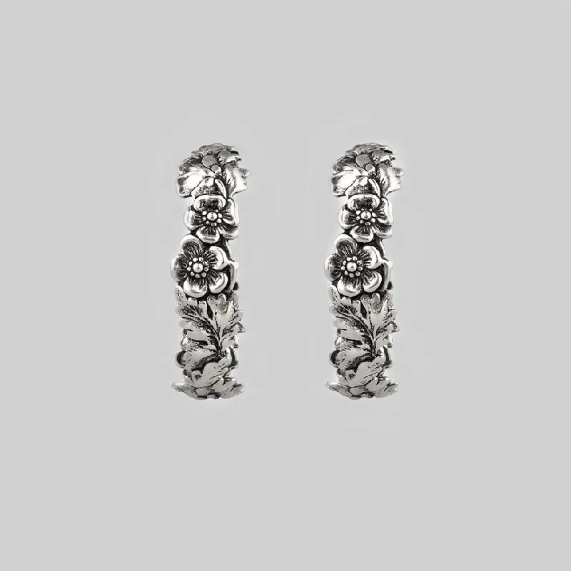 Huggie hoop earringsDAHLIA. Floral Garland Hoop Earrings - Silver