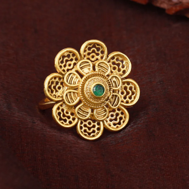 Estele Gold Plated Blossom Matte Finish Finger Ring with Green Crystals for Women(Adjustable)