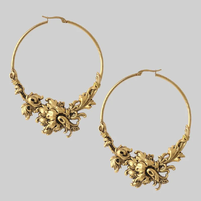 Hypoallergenic hoop earringsPARADISE. Ornate Floral Hoop Earrings - Gold