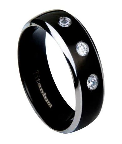 Men's anchor - themed rings for a nautical lookMen's Titanium Wedding Band with 3 CZs and Black IP Center | 8mm Men's anchor - themed rings for a nautical lookMen's Titanium Wedding Band with 3 CZs and Black IP Center | 8mm