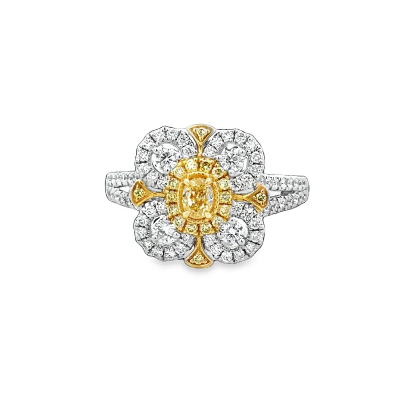 Cushion - cut diamond engagement ring with a halo of moissanite in a silver - plated bandFancy Yellow Floral Diamond Ring in 18k Gold Cushion - cut diamond engagement ring with a halo of moissanite in a silver - plated bandFancy Yellow Floral Diamond Ring in 18k Gold