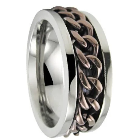Men's sports - team logo rings for fansMen's Stainless Steel Spinner Ring with Bronze Chain and Polished Finish | 8mm Men's sports - team logo rings for fansMen's Stainless Steel Spinner Ring with Bronze Chain and Polished Finish | 8mm