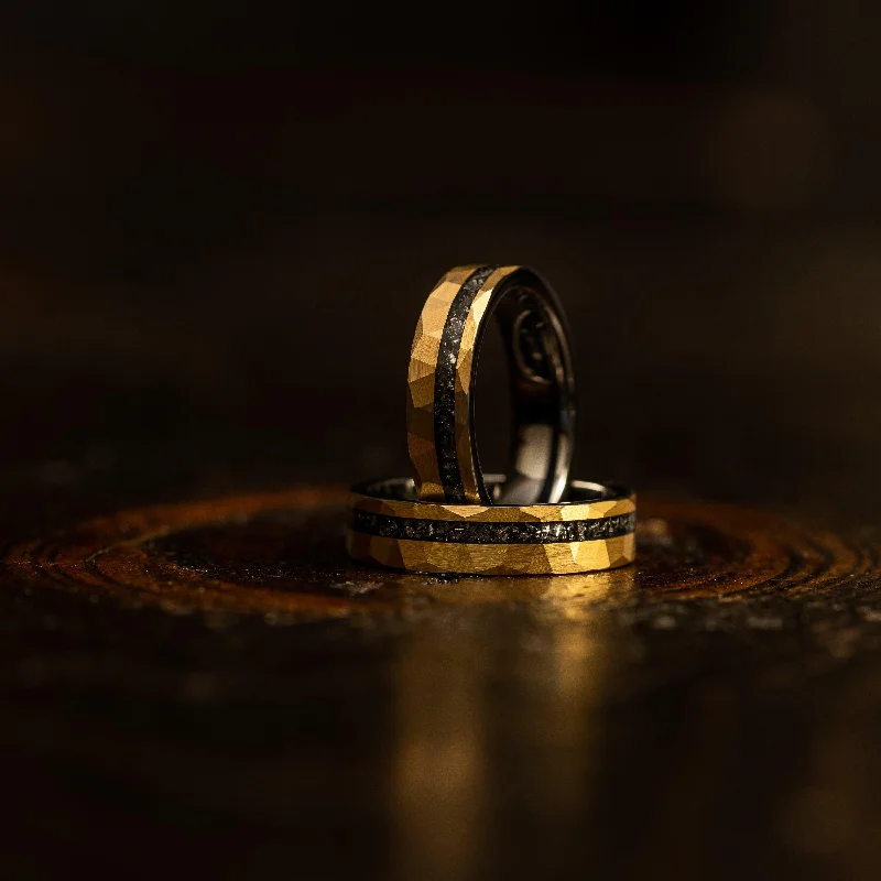 Boho - Style Women's Rings with Turquoise and Leather Accents"Zeus" Hammered Tungsten Carbide Ring- Womens Yellow Gold w/ Meteorite- 5mm Boho - Style Women's Rings with Turquoise and Leather Accents"Zeus" Hammered Tungsten Carbide Ring- Womens Yellow Gold w/ Meteorite- 5mm