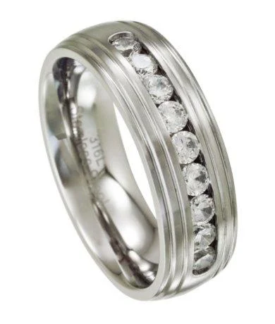 Men's anchor - themed rings for a nautical lookMen's Stainless Steel Wedding Band with 9 CZs | 8mm Men's anchor - themed rings for a nautical lookMen's Stainless Steel Wedding Band with 9 CZs | 8mm