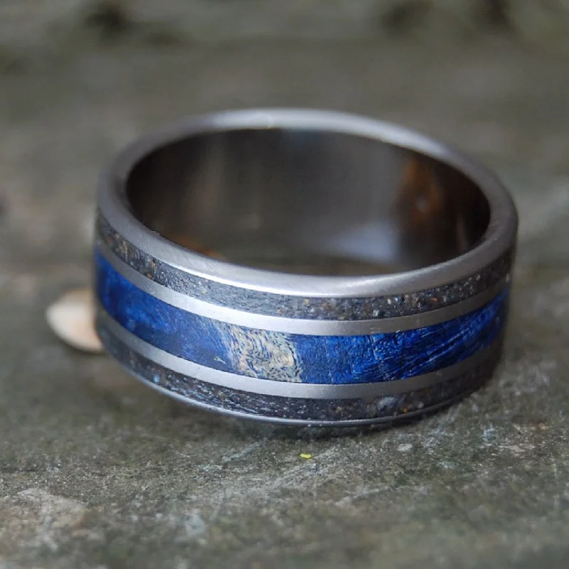 Men's adjustable - size rings for a perfect fitBlack And Blue To Keep It True | Men's Blue Box Elder Wood, Black Sand & Titanium Wedding Ring