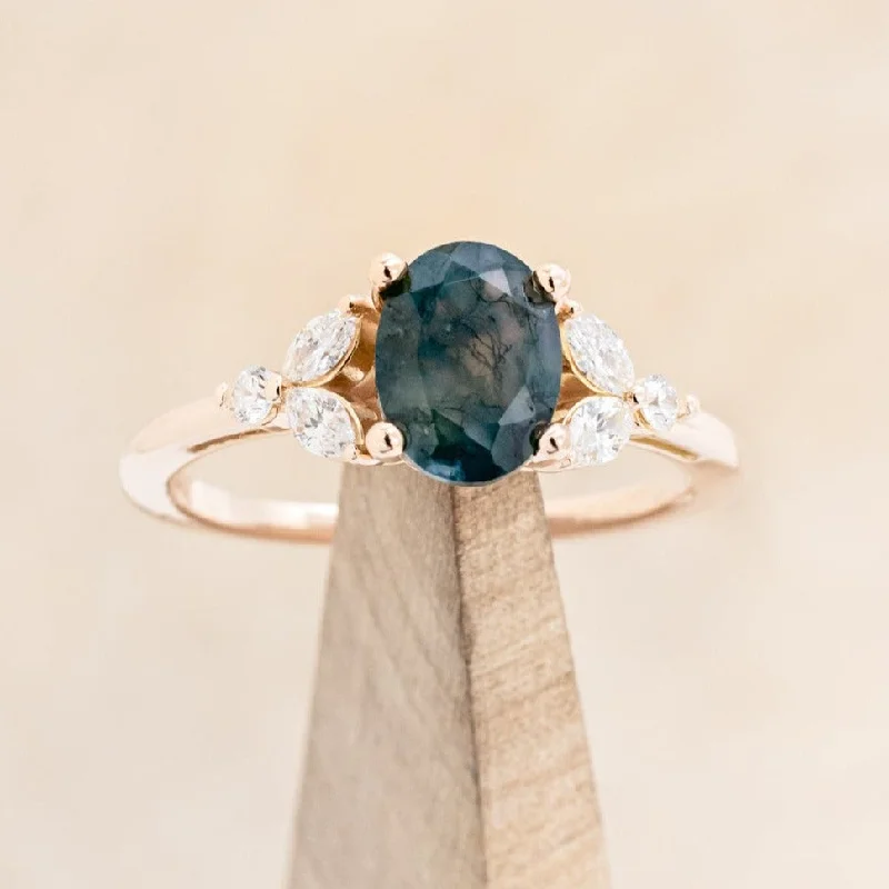 Men's Amethyst Engagement Rings in Sterling Silver with a Contemporary Geometric Setting"BLOSSOM" - OVAL-CUT MOSS AGATE ENGAGEMENT RING WITH LEAFCUT DIAMOND ACCENTS