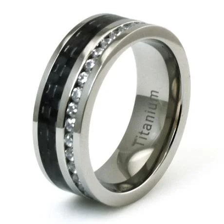 Men's tribal - print rings for a unique aestheticTitanium CZ Eternity & Black Carbon Fiber Inlay Ring-8mm Men's tribal - print rings for a unique aestheticTitanium CZ Eternity & Black Carbon Fiber Inlay Ring-8mm