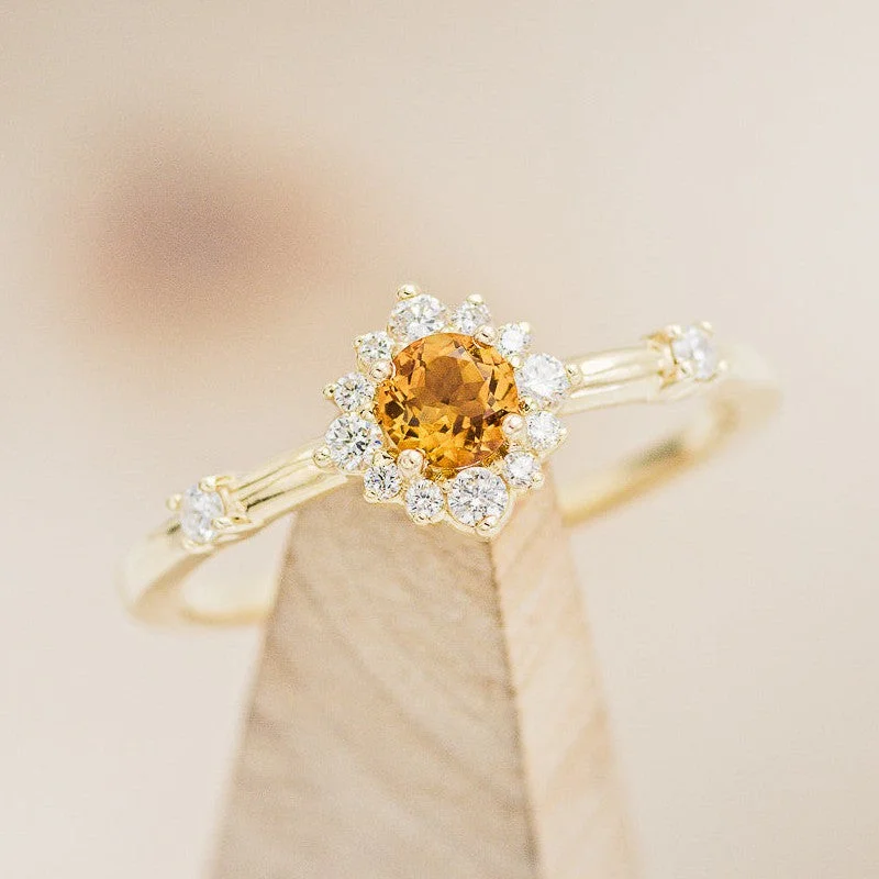 Men's Sapphire Engagement Rings in 18K White Gold with Pave Diamond Accents"STARLA" - ROUND CUT CITRINE ENGAGEMENT RING WITH A STARBURST DIAMOND HALO Men's Sapphire Engagement Rings in 18K White Gold with Pave Diamond Accents"STARLA" - ROUND CUT CITRINE ENGAGEMENT RING WITH A STARBURST DIAMOND HALO