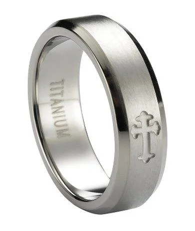 Men's pinky rings with a small gemstoneSatin-Finished Men's Titanium Ring Single Cross and Beveled Edges | 6mm Men's pinky rings with a small gemstoneSatin-Finished Men's Titanium Ring Single Cross and Beveled Edges | 6mm