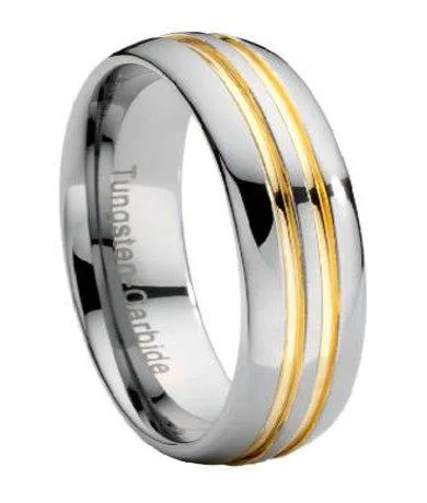 Men's Damascus - steel rings with a unique patternTungsten Wedding Band with Gold Grooves-7mm Men's Damascus - steel rings with a unique patternTungsten Wedding Band with Gold Grooves-7mm