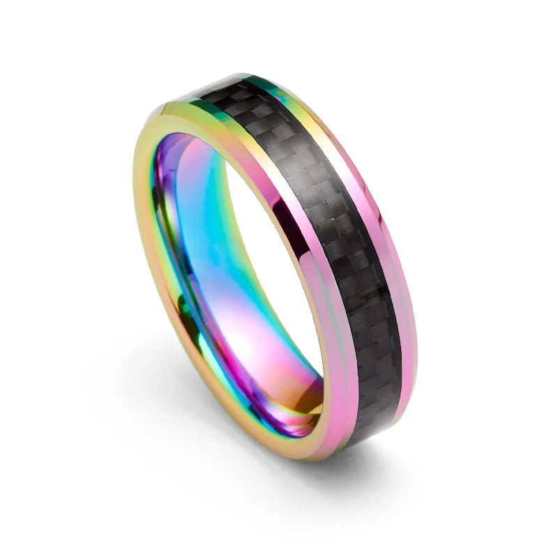 Floral - Patterned Women's Rings in 18K Yellow Gold for a Feminine Look6mm- Tungsten Carbide Ring Metallic Rainbow Finish w/ Black Carbon Fiber Inlay Floral - Patterned Women's Rings in 18K Yellow Gold for a Feminine Look6mm- Tungsten Carbide Ring Metallic Rainbow Finish w/ Black Carbon Fiber Inlay