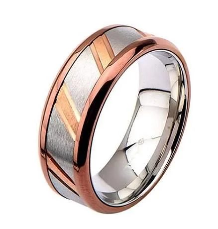 Men's Celtic - pattern rings with intricate designsMen's Stainless Steel IP Rose Gold with Diagonal Lines Center - 8mm Men's Celtic - pattern rings with intricate designsMen's Stainless Steel IP Rose Gold with Diagonal Lines Center - 8mm