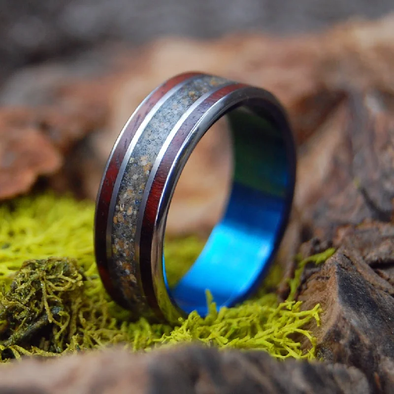 Men's spinning rings for fidget - friendly useWood And Beach Blue | Men's Amboyna Burl, Beach Sand & Titanium Wedding Ring