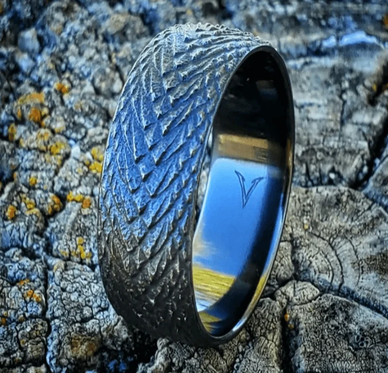 Men's Damascus - steel rings with a unique patternDragon Skin Black Titanium Men's Ring - 9mm Men's Damascus - steel rings with a unique patternDragon Skin Black Titanium Men's Ring - 9mm