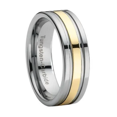 Men's laser - engraved rings with custom messagesTungsten Wedding Band with Gold Stripe Overlay-8mm Men's laser - engraved rings with custom messagesTungsten Wedding Band with Gold Stripe Overlay-8mm
