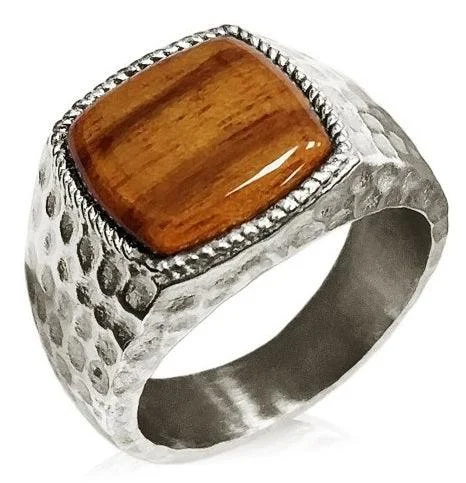 Men's ruby - adorned rings for a bold red colorStainless Steel Hammer Style Cherry Wood Inlay Signet Style Ring-13mm Men's ruby - adorned rings for a bold red colorStainless Steel Hammer Style Cherry Wood Inlay Signet Style Ring-13mm
