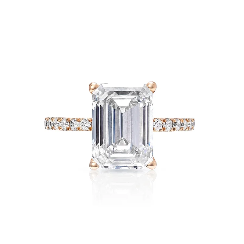 Cathedral - Style Women's Diamond Rings with a Raised Center Setting and Elaborate MetalworkLeland 5 H VVS2 Carat Emerald Cut Lab Grown Diamond Engagement Ring in 18kt Rose Gold Cathedral - Style Women's Diamond Rings with a Raised Center Setting and Elaborate MetalworkLeland 5 H VVS2 Carat Emerald Cut Lab Grown Diamond Engagement Ring in 18kt Rose Gold