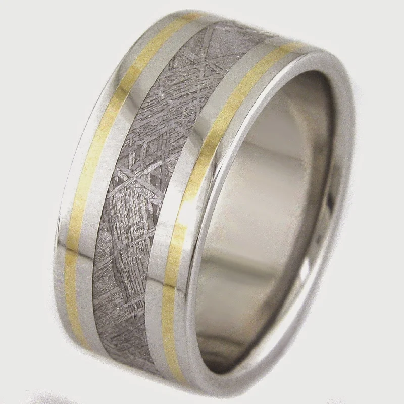 Titanium Rings with a Cross - Embossed Design for a Spiritual TouchMeteorite Flat with Twin Gold