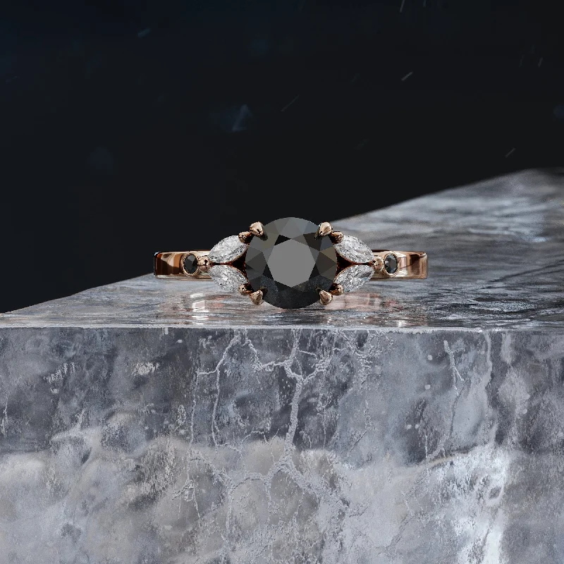 Vintage - Style Women's Diamond Rings with Floral - Engraved Bands and Multiple Diamond AccentsCorona Australis Floral Natural Black & White Marquise Diamond Ring Vintage - Style Women's Diamond Rings with Floral - Engraved Bands and Multiple Diamond AccentsCorona Australis Floral Natural Black & White Marquise Diamond Ring