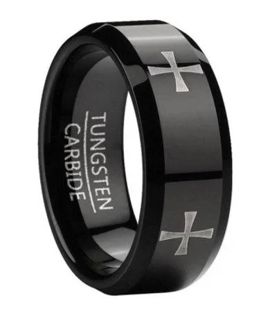 Men's beaded rings with semi - precious stonesMen's Black Tungsten Ring with Lasered Cross Design | 8mm
