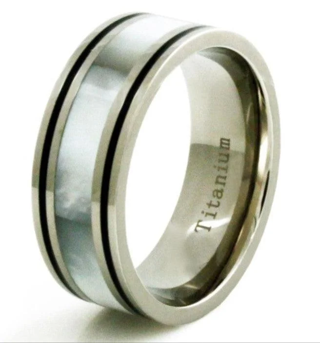 Men's Celtic - pattern rings with intricate designsTitanium White Shell Inlay Black Borders Ring-9mm Men's Celtic - pattern rings with intricate designsTitanium White Shell Inlay Black Borders Ring-9mm
